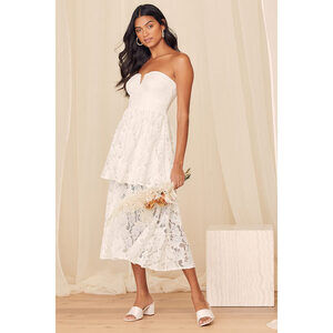 White Lace Tiered Strapless Midi Dress - Size M